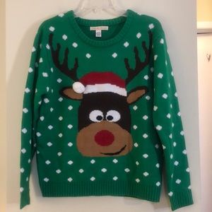 Women’s size large green polka dot Rudolph Christmas Party Sweater